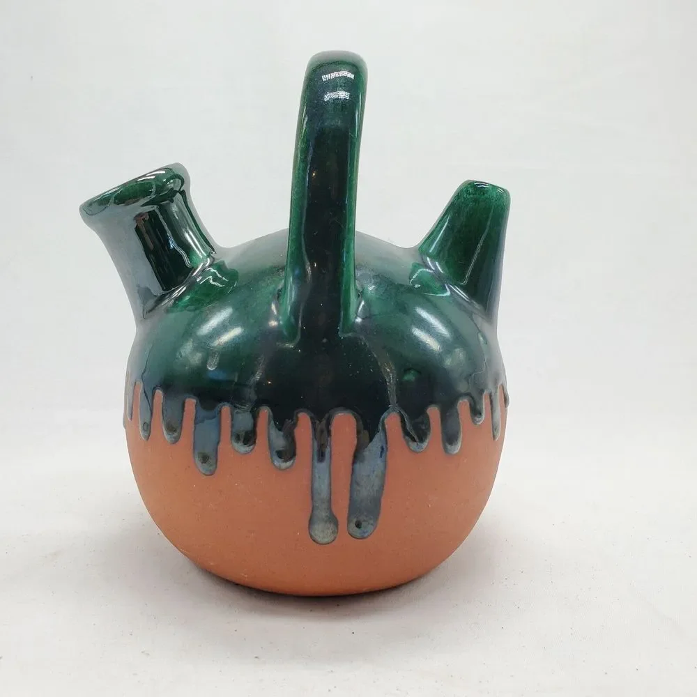 French Clay Terracotta Green Drip Glazed Gargoulette Pottery 10 x 7 liquor Jug..